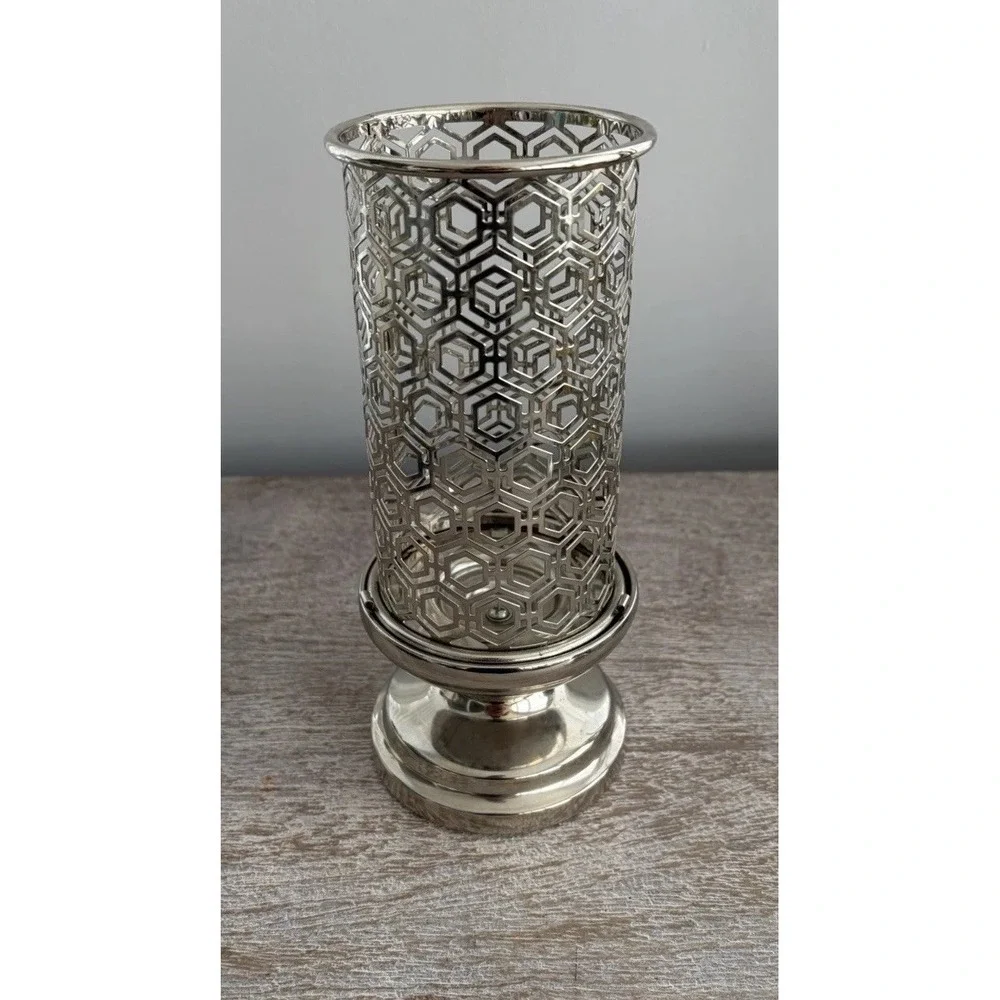 Vintage Cutout Ornate Silver Metal Candleholder Tea light Pillar Vase Decor